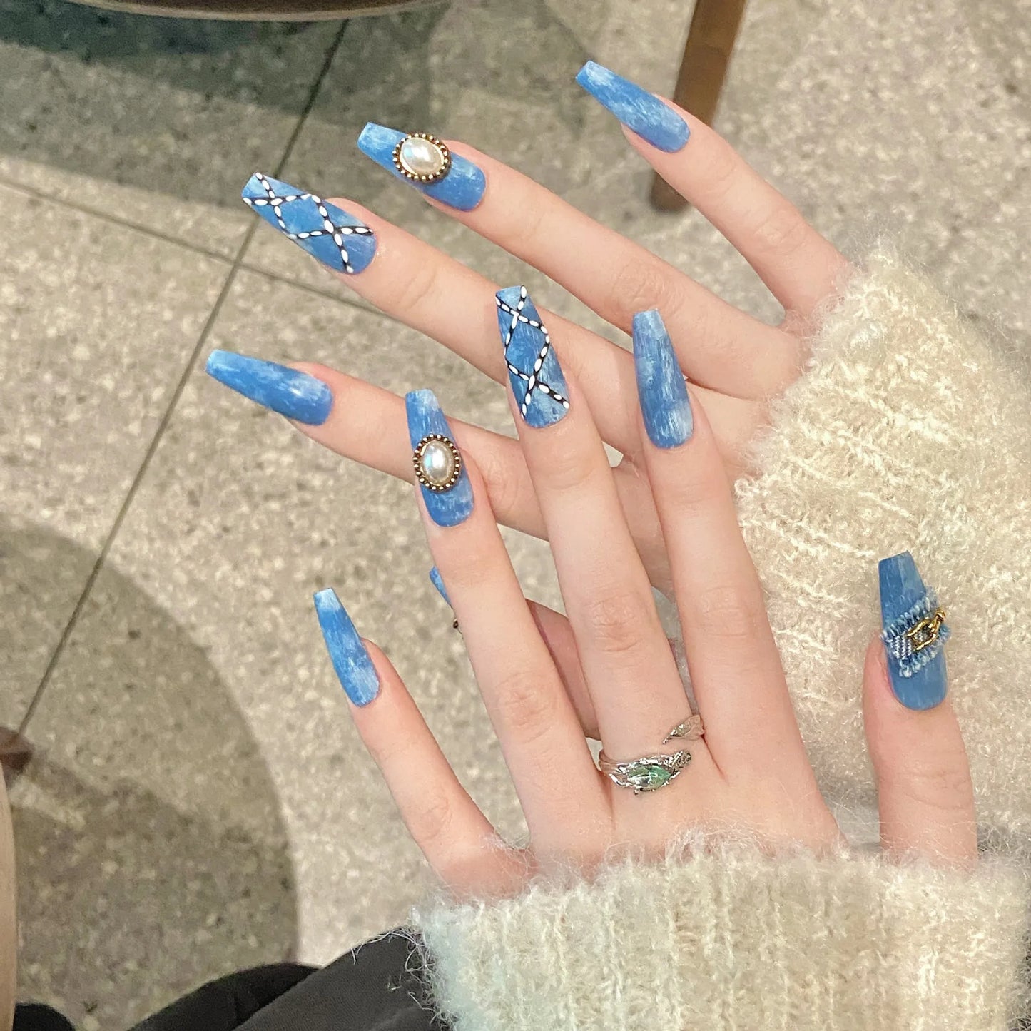 10Pcs Blue Handmade Press on Nails Cowboy Style Fake Nails Wearable Stick-on Nails Full Cover False Nail Uñas Накладные Ногти