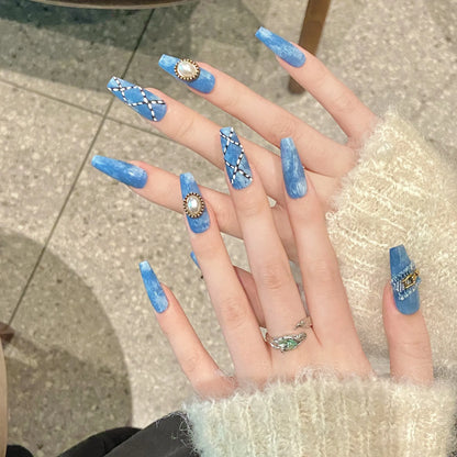 10Pcs Blue Handmade Press on Nails Cowboy Style Fake Nails Wearable Stick-on Nails Full Cover False Nail Uñas Накладные Ногти