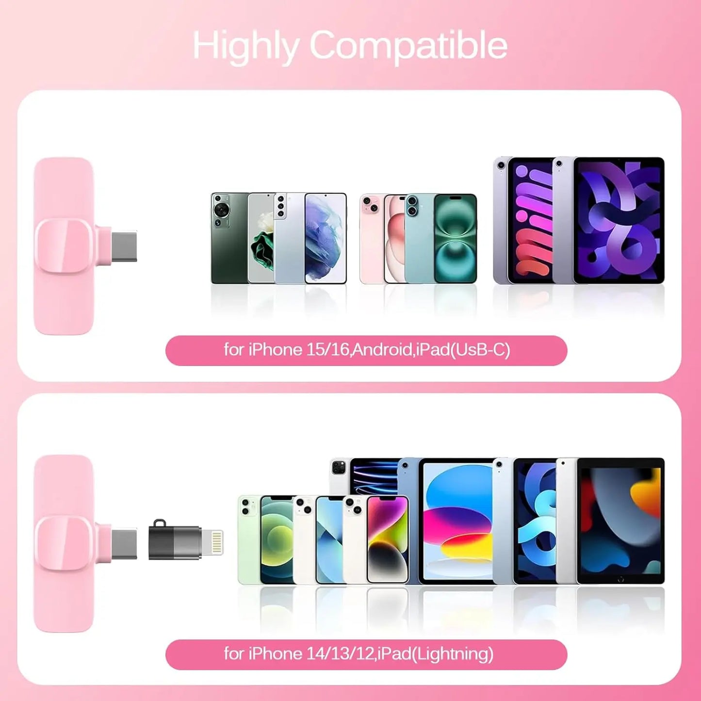 Pink Wireless Lavalier Lapel Microphone for iPhone iPad Vlogging Video Recording Mic for Live Interview Podcast Mic for Girl