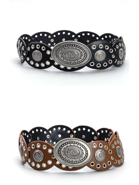 Ceintures pour femmes, style cow-girl, style cowboy, œillets ovales en PU évidés, style punk, accessoire de décoration de taille rétro, ceinture sur vêtements