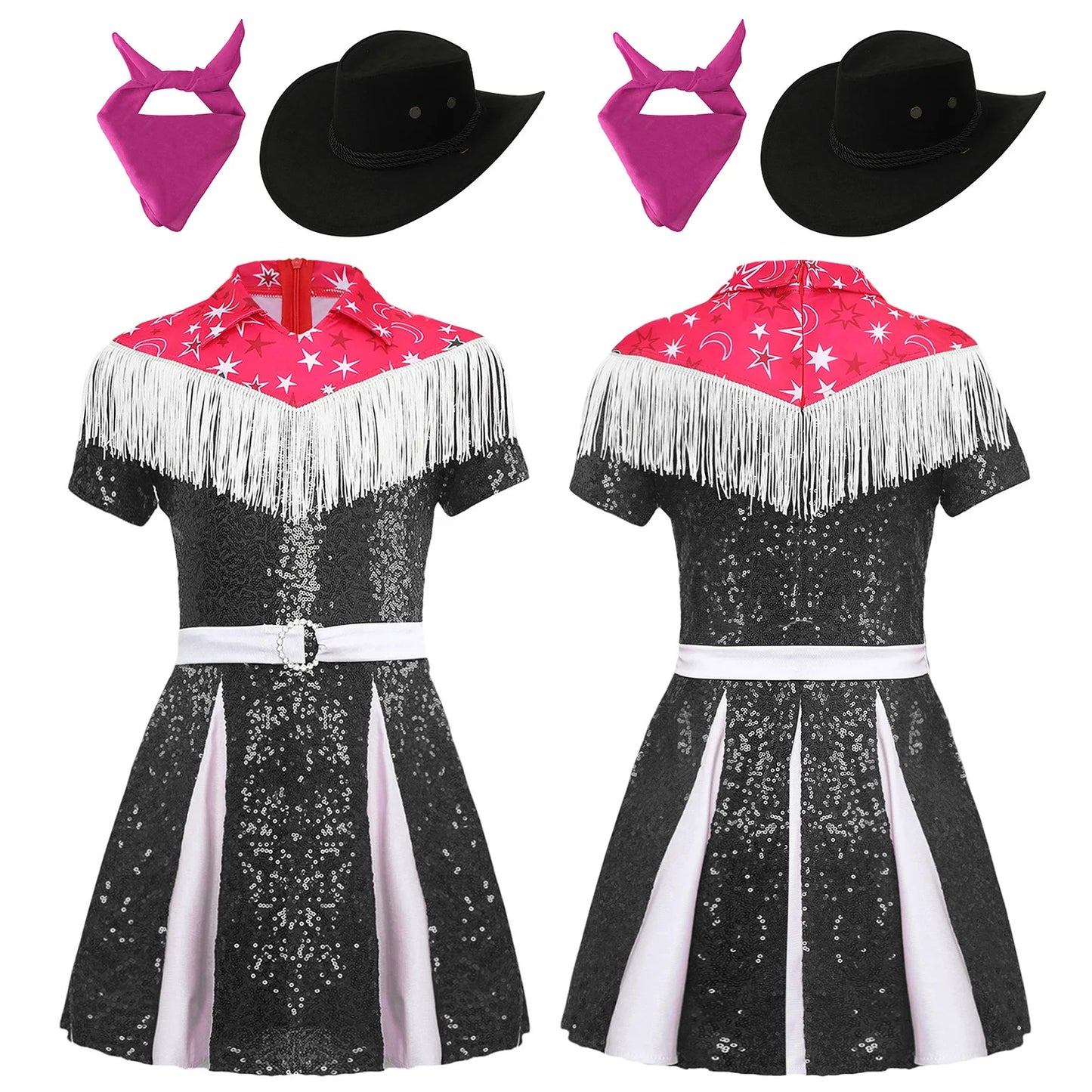 Kids Girls Western Cowgirl Cosplay Costume Fringe Sequin Dress with Cowboy Hat Bandanna Halloween Carnival Theme Party Outfit