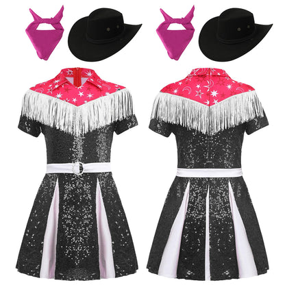 Kids Girls Western Cowgirl Cosplay Costume Fringe Sequin Dress with Cowboy Hat Bandanna Halloween Carnival Theme Party Outfit