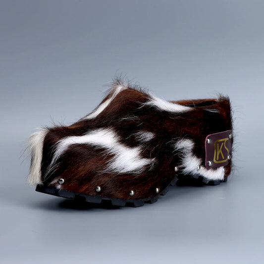 Luxury Handmade Women's Platform Fur Clogs,Studded Mules with Arch Support,Natural Calf Hair,Leather-Lined Vintage Cowboy Style