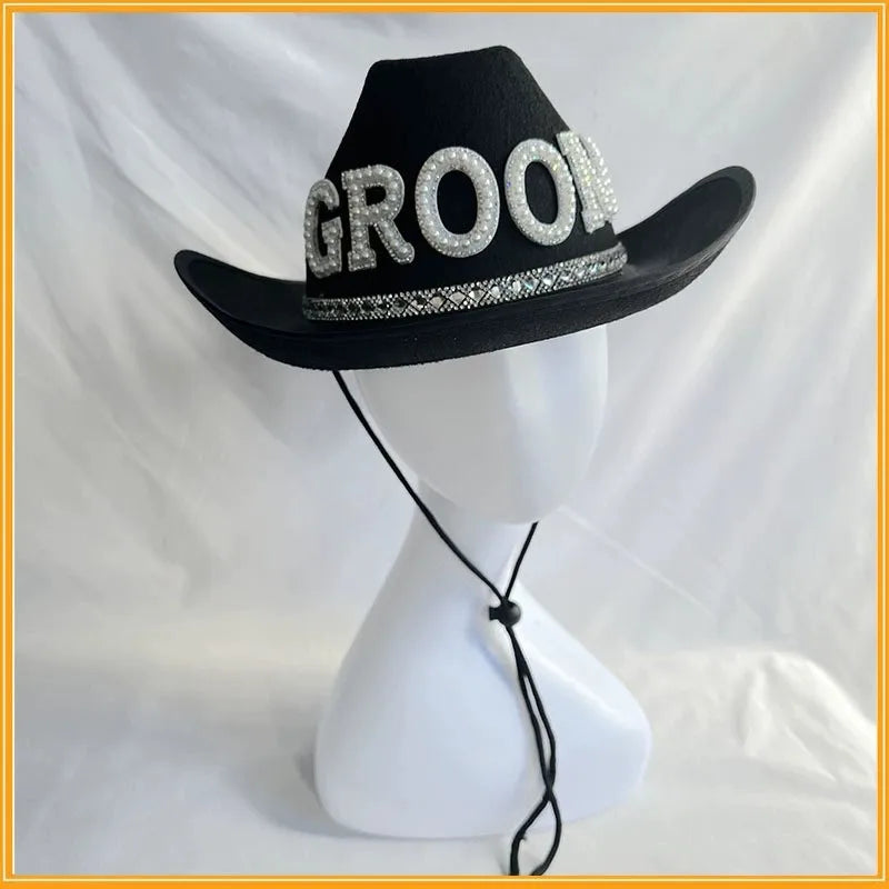 Bride White Cowboy Veil Hat Pearl Rhinestone Wedding Cowgirl Hat Bach Bachelorette Hen Party Bridal Shower Decoration Gift