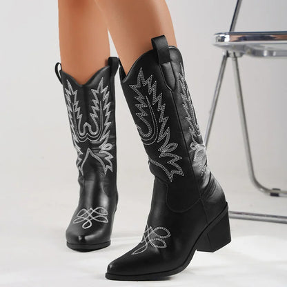 Bottes de cowboy blanches à talons hauts mi-mollet pour femmes, grande taille 43, de haute qualité, style vintage, style country et western