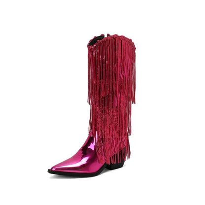 Bottes western à sequins et pompons, noires et argentées, courtes, en peluche, automne/hiver, talon de 6,5 cm, style bohème, hauteur genou, pointures 36 a 46.