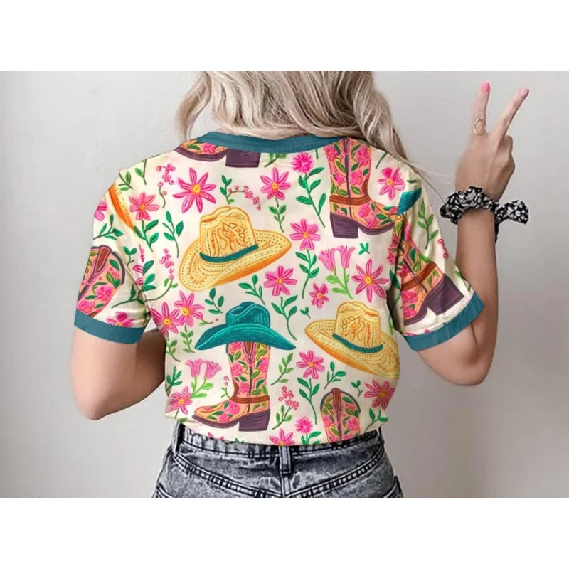 Bohemian Western Cowgirl Shirt: Vintage Western Rodeo Pattern T-Shirt Cowgirl 3D Digital Print Short Sleeve Top