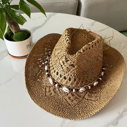 Chapeau de paille bohème d'été pour femmes et hommes, chapeaux de Cowboy de plage, perles en bois ajourées, chapeau de soleil oc