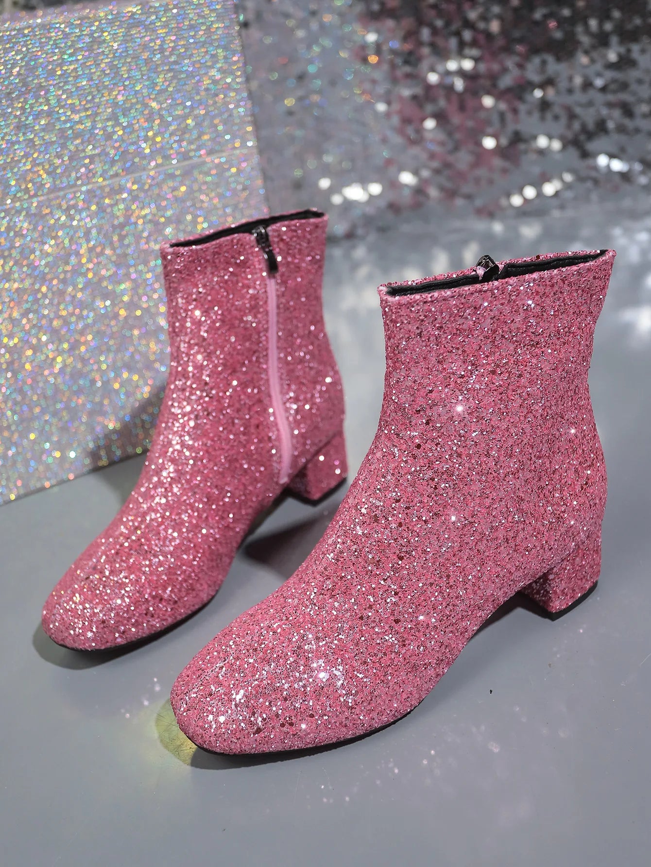 Boots Women Christmas Glitter Zipper Chunky Heel Ankle Boot Sequins Round Toe Chunky Heels Ankle Boots Party Shoes for Women