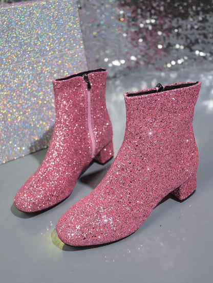 Boots Women Christmas Glitter Zipper Chunky Heel Ankle Boot Sequins Round Toe Chunky Heels Ankle Boots Party Shoes for Women