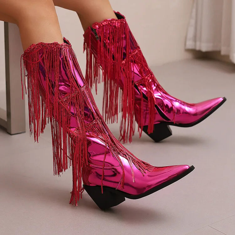 Bottes western à sequins et pompons, noires et argentées, courtes, en peluche, automne/hiver, talon de 6,5 cm, style bohème, hauteur genou, pointures 36 a 46.