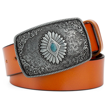 Ceinture classique en cuir véritable avec boucle en émail saphir et motif floral sculpté en argent pour femmes et hommes, cadeau
