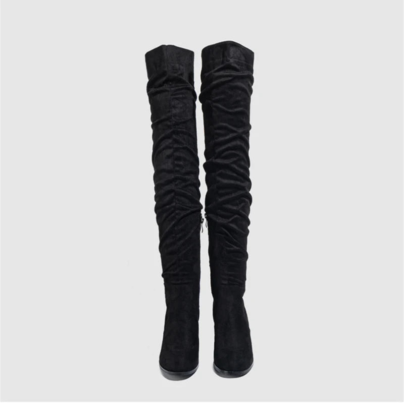 Liyke 2025 Autumn Winter Black Brown Over The Knee Boots Women Sexy Pointed Toe Zip Thigh High Shoes Square Heels Booties Femme
