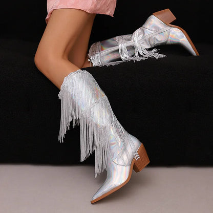 Bottes western à sequins et pompons, noires et argentées, courtes, en peluche, automne/hiver, talon de 6,5 cm, style bohème, hauteur genou, pointures 36 a 46.