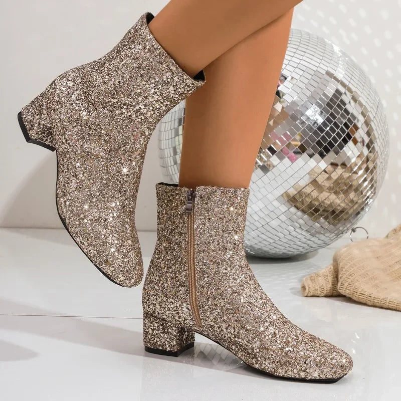 Glitter Fashion Sequins Boots Women Zipper Chunky Heel Women's Boots Round Toe Chunky Heels Ankle Boots Party Shoes for Women