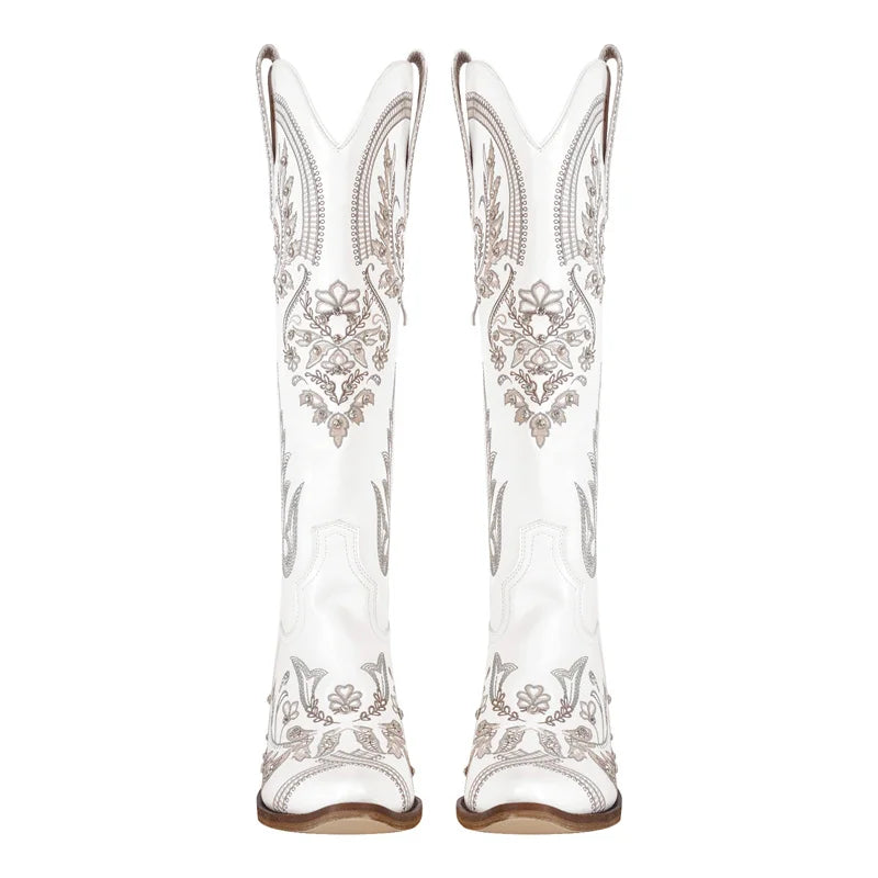 Bottes de cowboy blanches brodées Onlymaker pour femmes, à talon bloc, bout pointu, ornées de cristaux, style cowgirl.