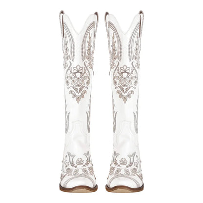 Bottes de cowboy blanches brodées Onlymaker pour femmes, à talon bloc, bout pointu, ornées de cristaux, style cowgirl.