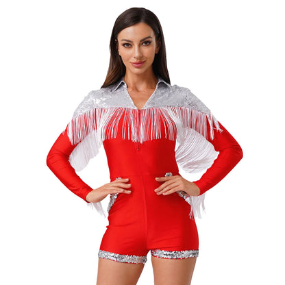 Womens Sequins Western Cowgirl Cosplay Costume Tassel Fringe Boyshorts Rompers 70s 80s Disco Bodysuit Front Zip Playsuit