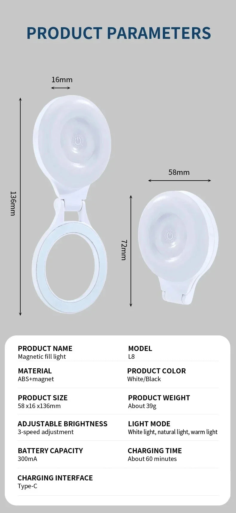 Lampe LED magnétique de poche pour Selfie, pour IPhone, IPad, téléphone portable, ordinateur portable, remplissage Flash, vidéo, Photo, lampe de photographie