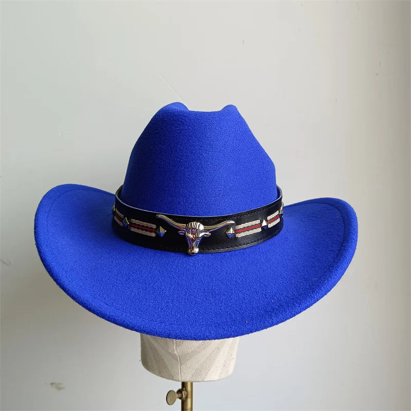 Chapeau de cowboy de style ethnique, tendance, chic, unisexe, couleur unie, avec décoration en forme de taureau, style western