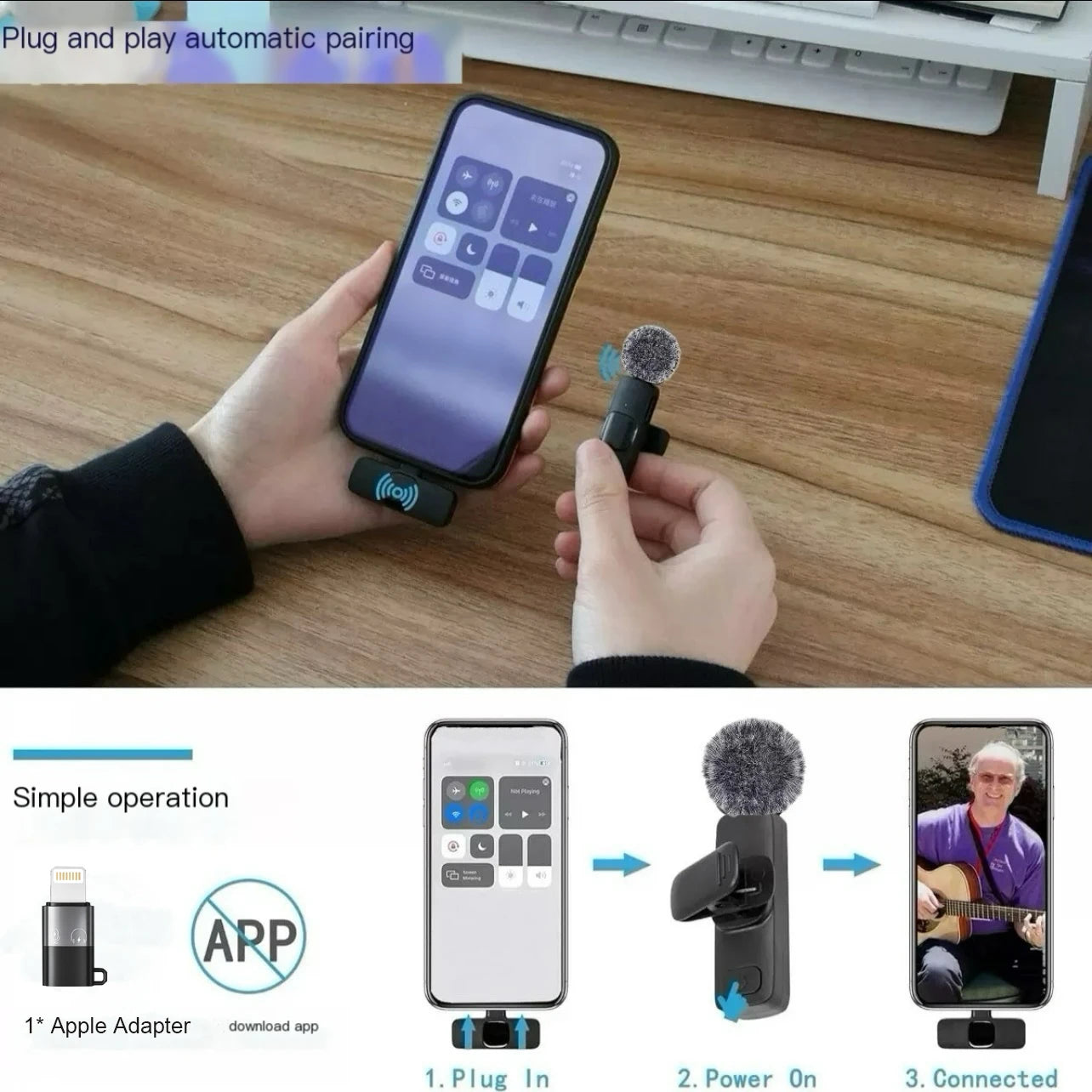 Wireless Lapel Microphone Suitable for Android and Iphone, Lapel Microphone Plug-And-Play Wireless Microphone with Noise Reduction, Mini Microphone for Video Recording, Interviews, Podcasts, Vlog, Youtube, Tiktok