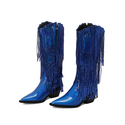 Bottes western à sequins et pompons, noires et argentées, courtes, en peluche, automne/hiver, talon de 6,5 cm, style bohème, hauteur genou, pointures 36 a 46.