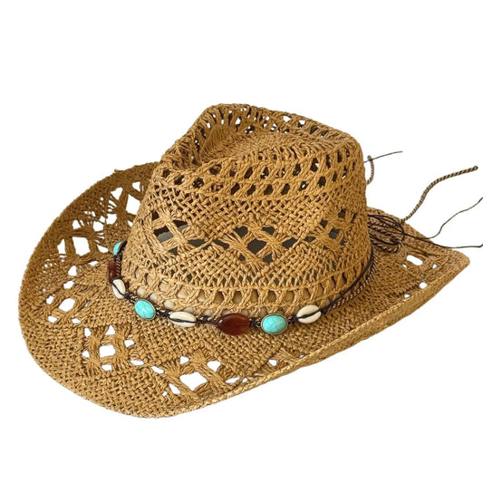 Chapeaux de cow-girl pour femmes et hommes, chapeau occidental d'été en plein air, chapeau de paille à large bord avec bande perlée