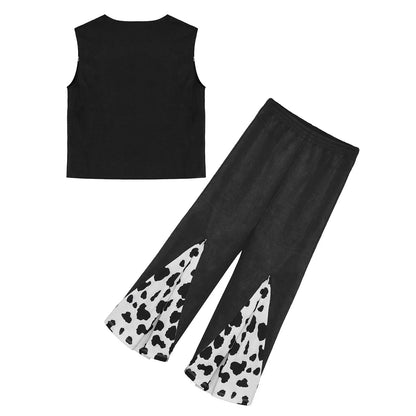 Kids Child Halloween Western Cowboy Cowgirl Cosplay Costume Cow Print Tassels Vest and Flared Pants Set Carnival Party Dress Up