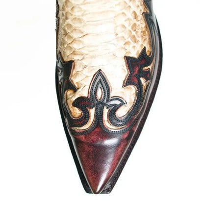 Pointed Toe Embroidered Mid-Calf Boots Snake Print Western Cowboy Men Botines Color-Blocked Slip-On Chelsea Cool Botas Femininas