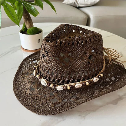 Chapeau de paille bohème d'été pour femmes et hommes, chapeaux de Cowboy de plage, perles en bois ajourées, chapeau de soleil oc