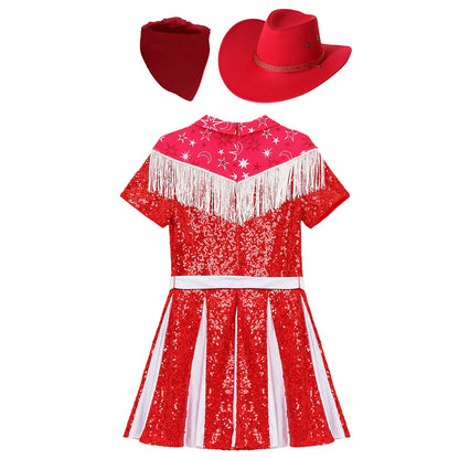 Costume de cow-girl western 3 pièces pour fille, robe plissée à paillettes avec chapeau de cowboy et bandana, pour Noël, Halloween, fête