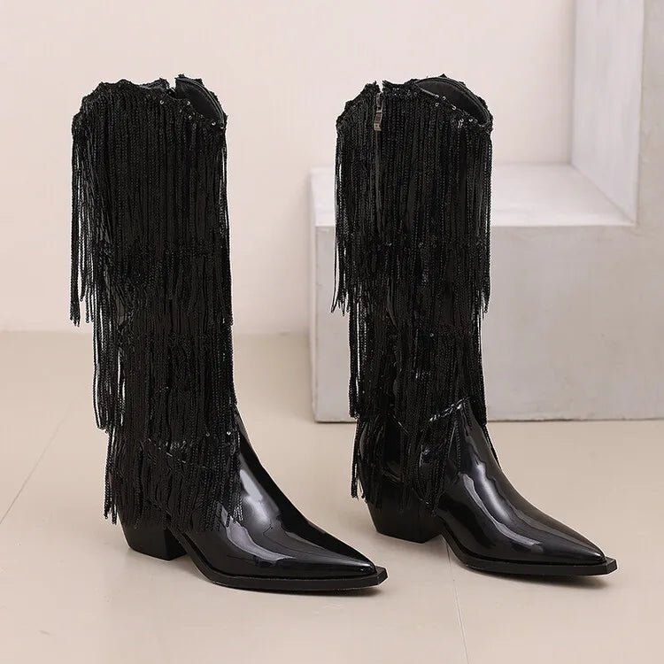 Bottes western à sequins et pompons, noires et argentées, courtes, en peluche, automne/hiver, talon de 6,5 cm, style bohème, hauteur genou, pointures 36 a 46.