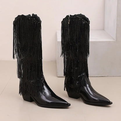Bottes western à sequins et pompons, noires et argentées, courtes, en peluche, automne/hiver, talon de 6,5 cm, style bohème, hauteur genou, pointures 36 a 46.