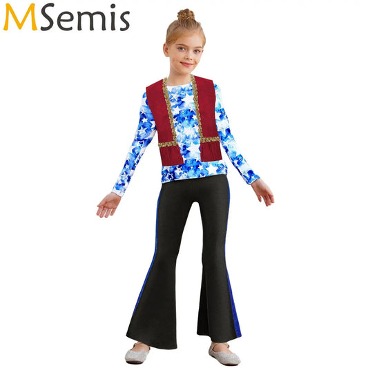Girls Halloween Disco Hippie Western Cowgirl Carnival Cosplay Costume Printed Shirt Tops with Tassels Vest And Flared Pants Set