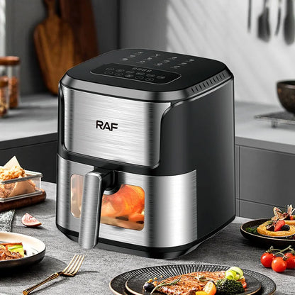 Friteuse à air chaud 5L, four électrique avec commandes tactiles, panier antiadhésif et hublot, idéal pour la cuisine et la famille.