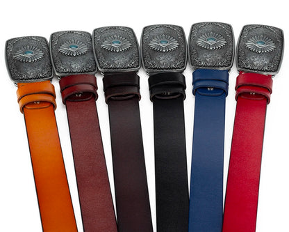 Ceinture classique en cuir véritable avec boucle en émail saphir et motif floral sculpté en argent pour femmes et hommes, cadeau