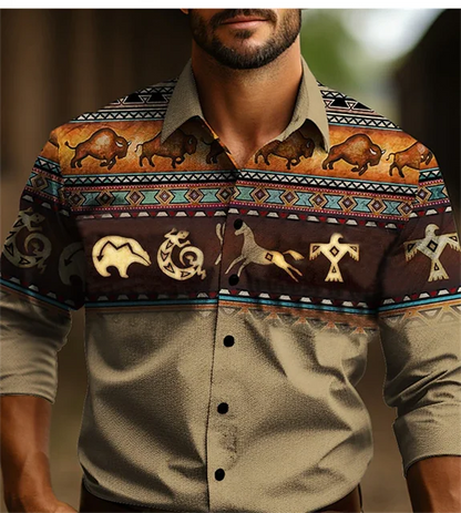 Chemise à manches longues style occidental pour homme, coupe ajustée, décontractée, confortable, simple, tenue sociale, style national rétro, style tribal