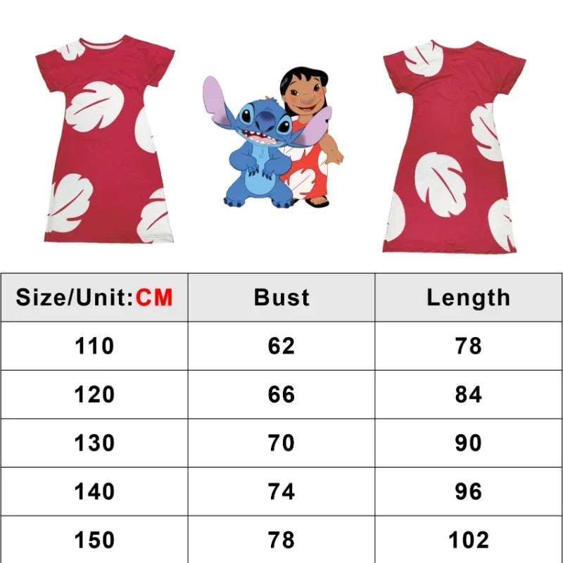 2025 Halloween Costume de Cosplay Lilo  pour filles, robe d'été hawaïenne à motif de feuilles de dessin animé, rouge