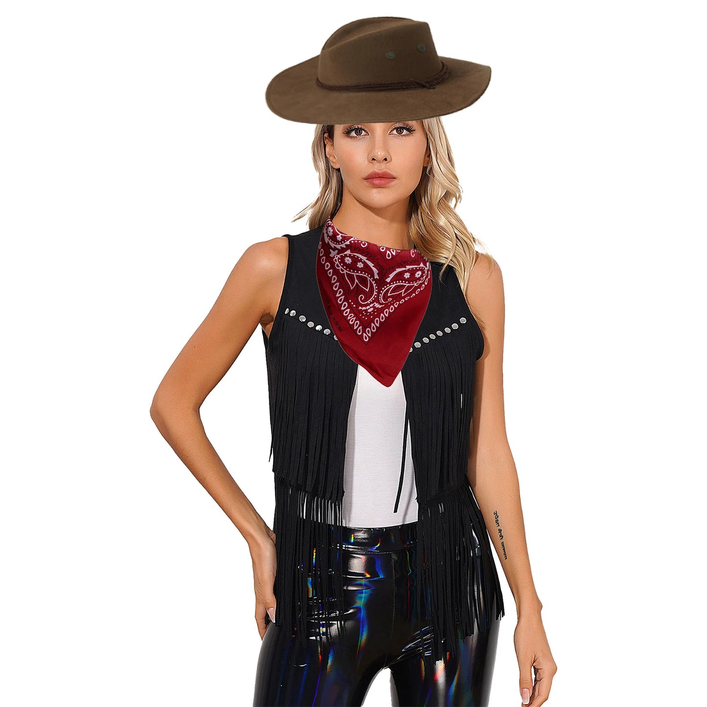 Gilet de cowboy pour femme, costume de cosplay, en faux daim, avec pompons et rivets, pour Halloween, avec bandana