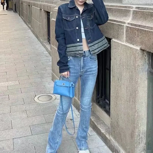 Manteau de cowboy bleu vintage pour femme, veste courte en jean pour femme, vêtement de cow-girl à manches longues, style coréen, Harajuku