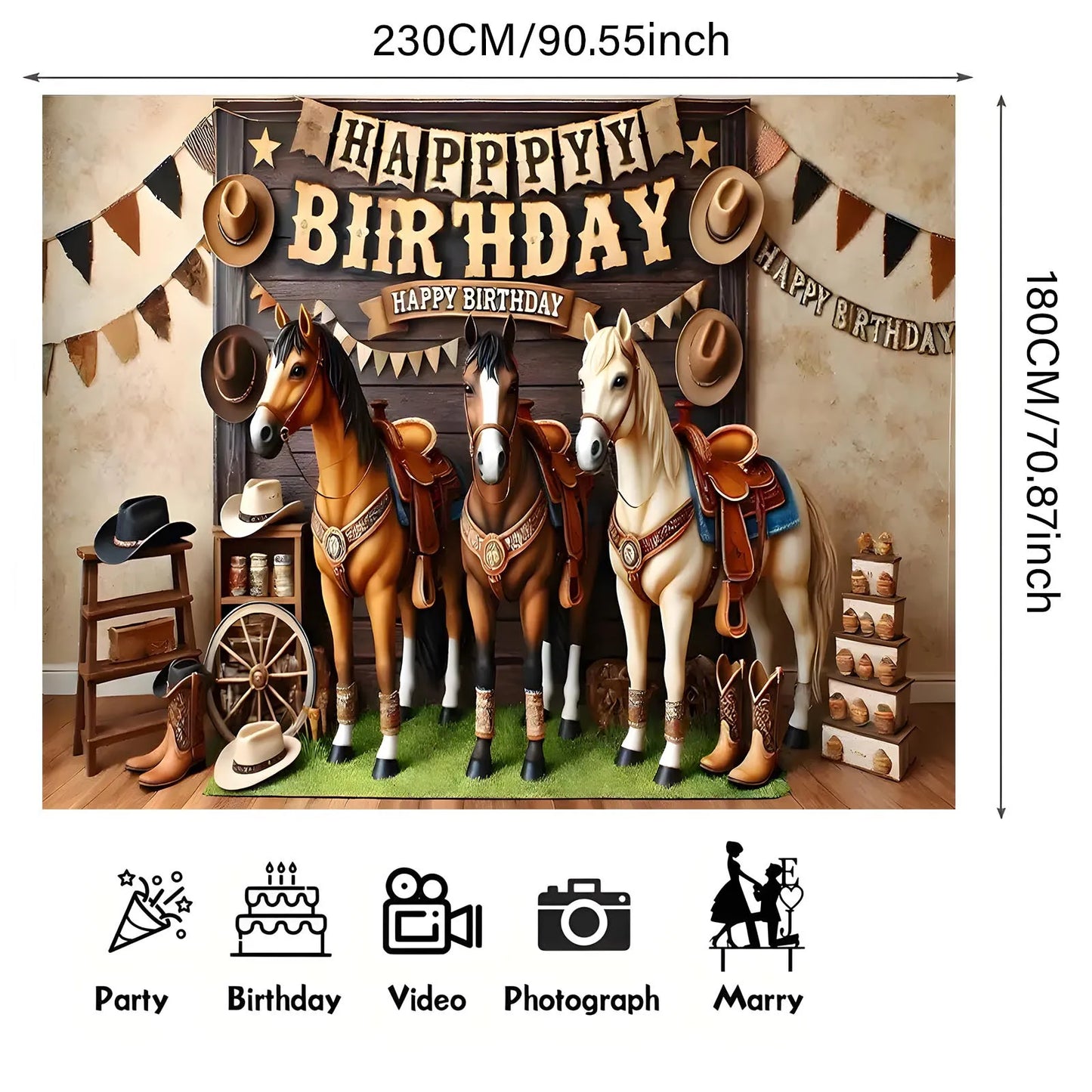 1 "Happy Birthday West" themed background banner - polyester, cowboy and horse print with rustic wood design