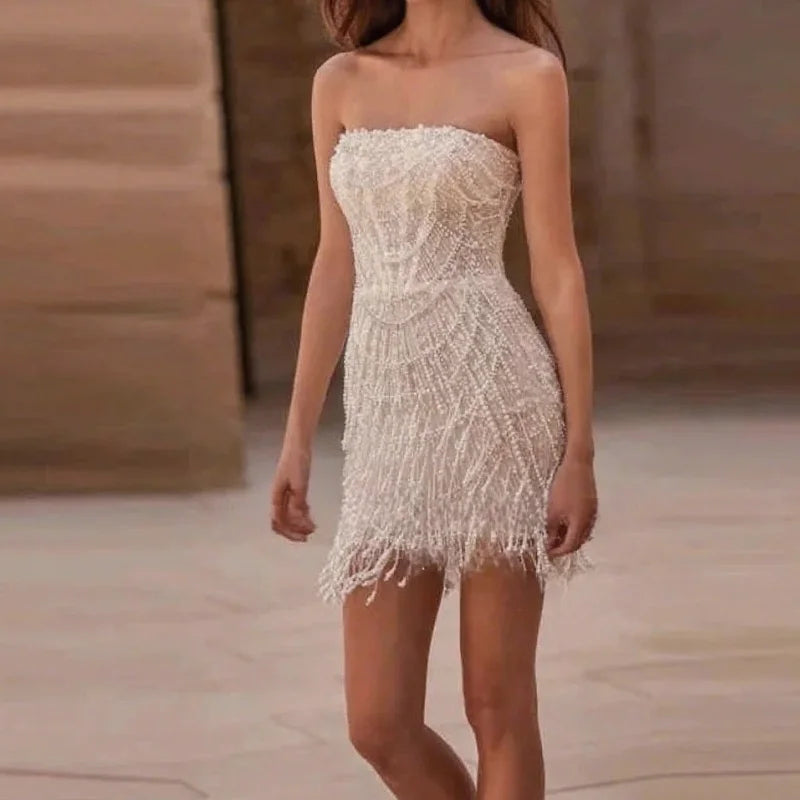 Robes de célébrité courtes exquises pour femmes, sans bretelles, perles, mini-robes zippées, robes de cocktail de bal personnalisées