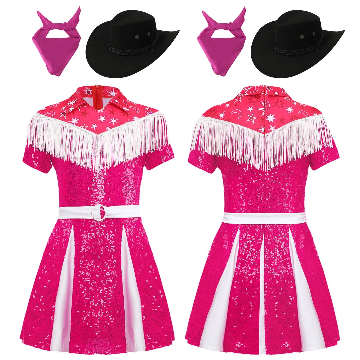 Kids Girls Western Cowgirl Cosplay Costume Fringe Sequin Dress with Cowboy Hat Bandanna Halloween Carnival Theme Party Outfit
