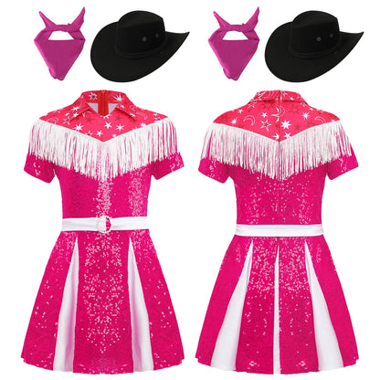 Kids Girls Western Cowgirl Cosplay Costume Fringe Sequin Dress with Cowboy Hat Bandanna Halloween Carnival Theme Party Outfit