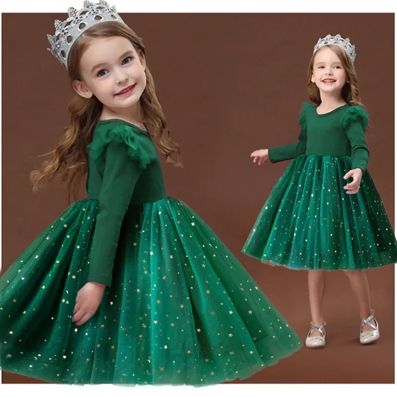 Green Christmas Dress for Kids Girls Autumn Long Sleeves Princess Dresses Children Winter Birthday Party New Year Costume 3-8Yrs