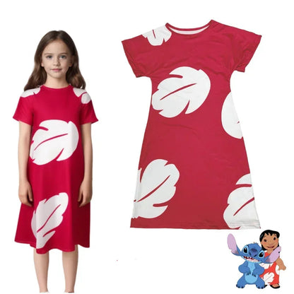 2025 Halloween Costume de Cosplay Lilo  pour filles, robe d'été hawaïenne à motif de feuilles de dessin animé, rouge