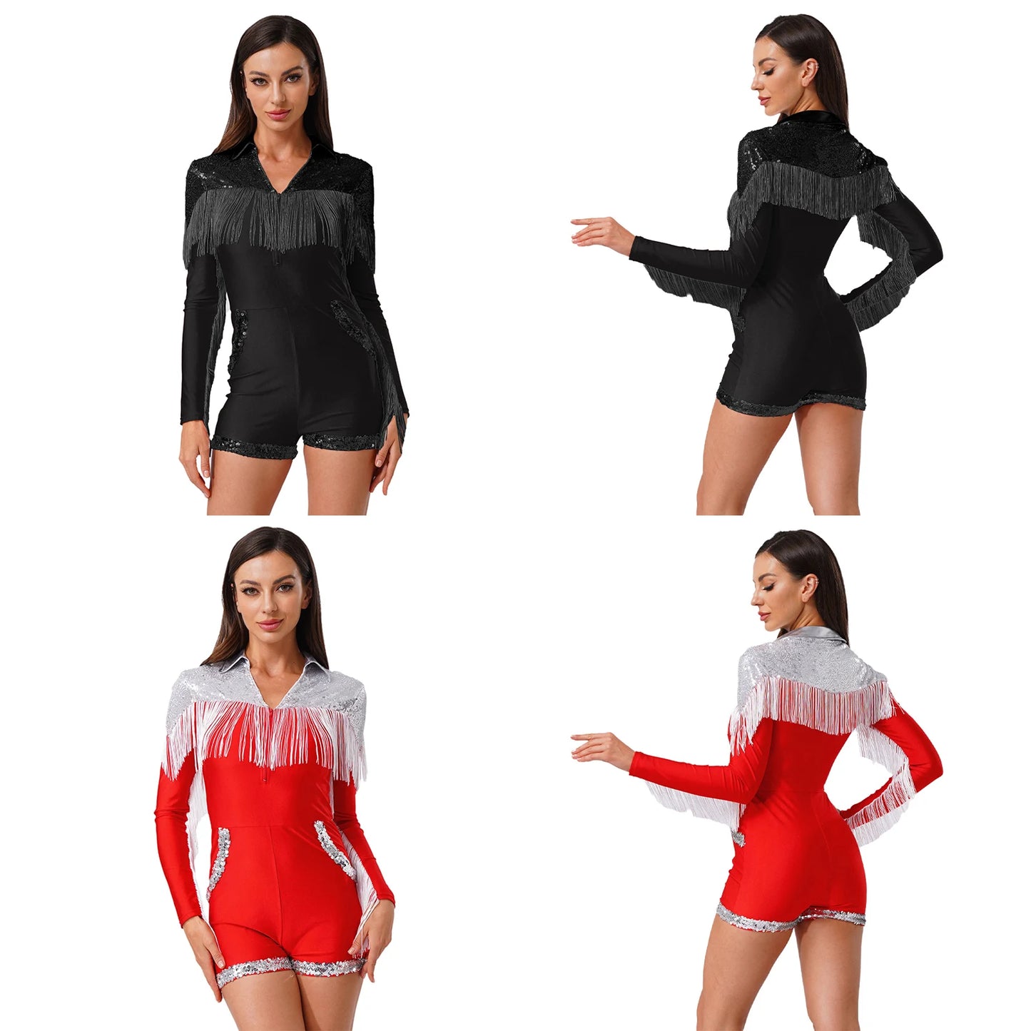 Womens Sequins Western Cowgirl Cosplay Costume Tassel Fringe Boyshorts Rompers 70s 80s Disco Bodysuit Front Zip Playsuit
