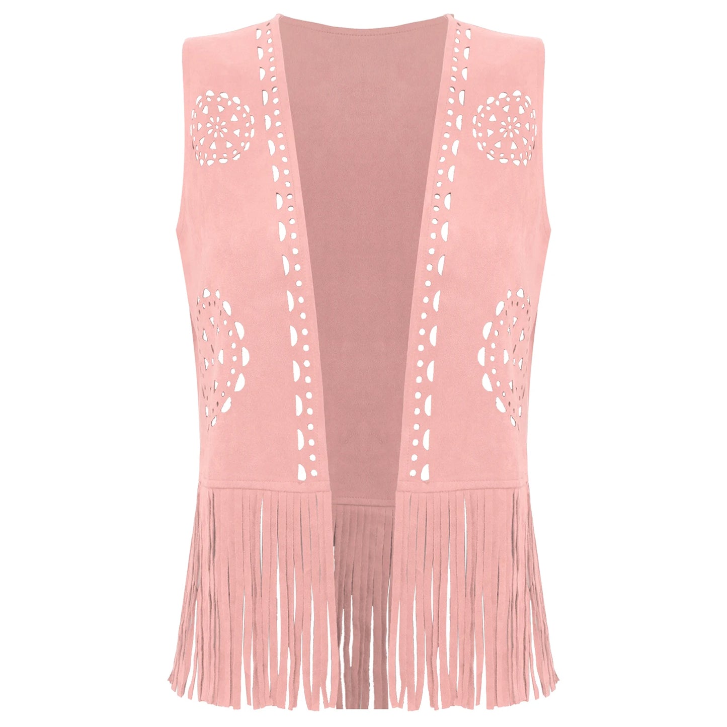 Débardeur vintage à franges style cowgirl hippie style années 70 pour femme, style disco, style années 70, ajouré, pompon, gilet en faux daim