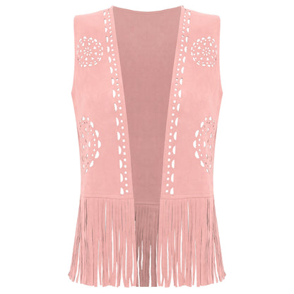 Débardeur vintage à franges style cowgirl hippie style années 70 pour femme, style disco, style années 70, ajouré, pompon, gilet en faux daim