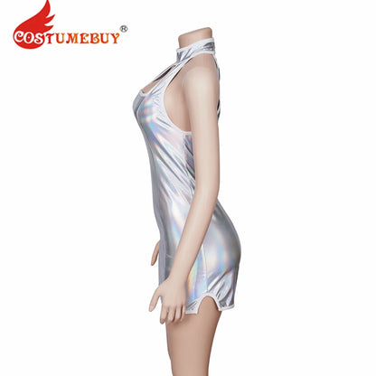 Austin Powers Elizabeth Hurley Cosplay Costume Sexy Femme Vanessa Kensington Argent Bretelles Dos Nu Slim Mini Robe pour Halloween